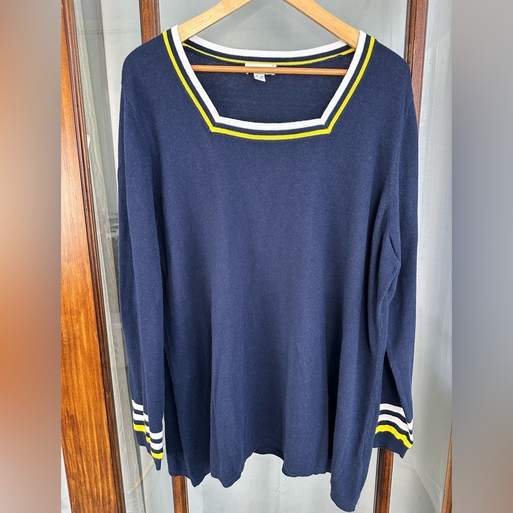 Susan Graver Long Sleeve Square Neck Sweater Women 3X Navy‎ Blue Cotton Blend
